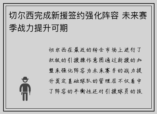 切尔西完成新援签约强化阵容 未来赛季战力提升可期